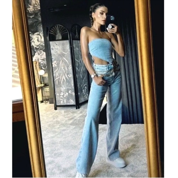 Zara Light Wash Denim Jean Bandana Crop Casual Stretch Tank Top Size Small NWT - Picture 9 of 10